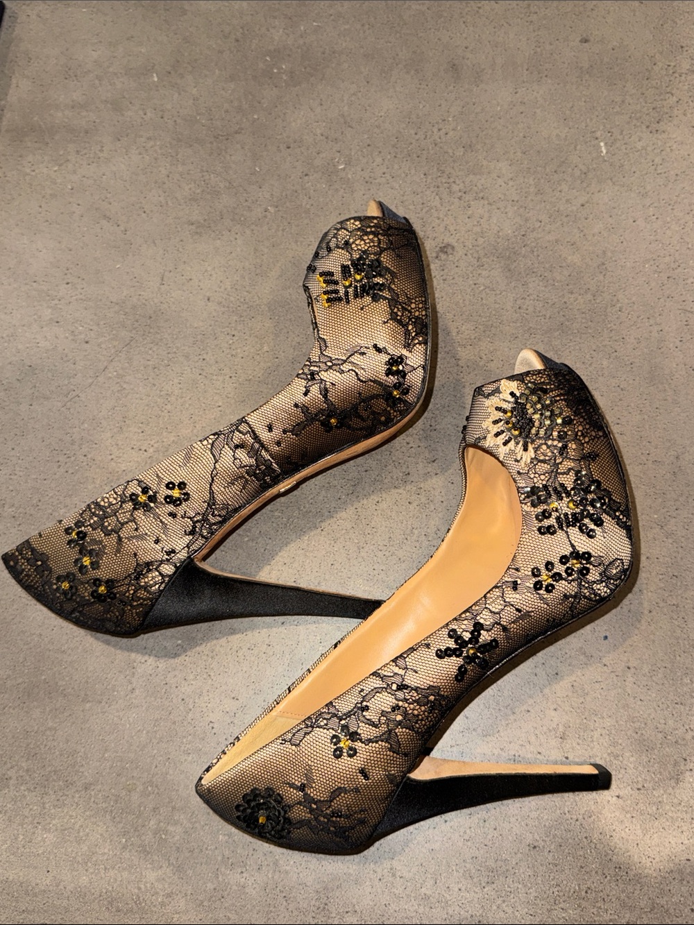 Badgley Mischka Gray Lace & Beaded Peep-Toe Pumps
